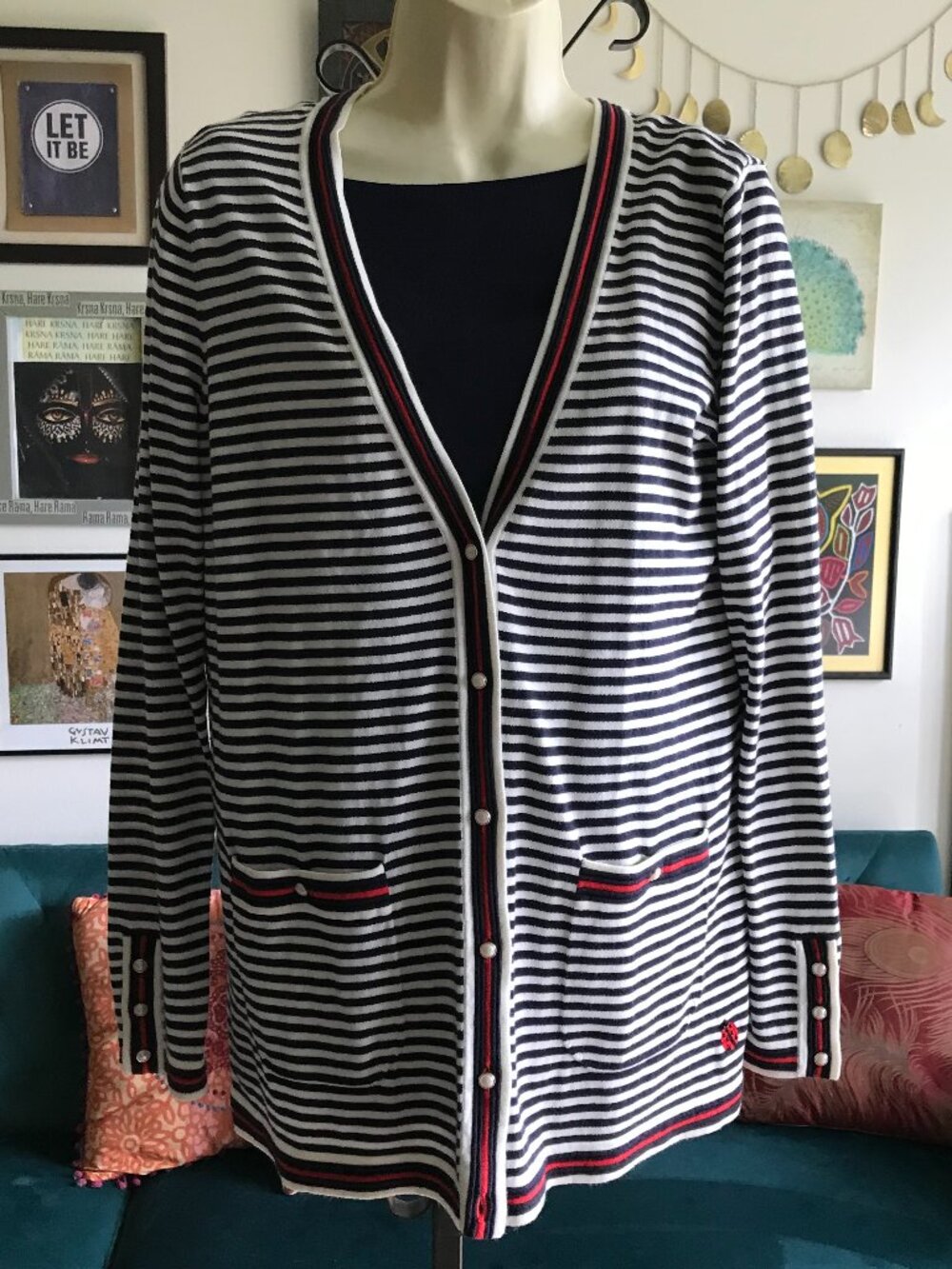 TALBOTS Oprah Collection size M Blue Red White Striped Cardigan & Tee Twinset